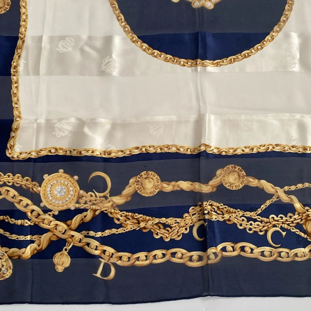 Christian Dior 100% silk scarf. Deep rich, navy blue gold cream color 34 x34